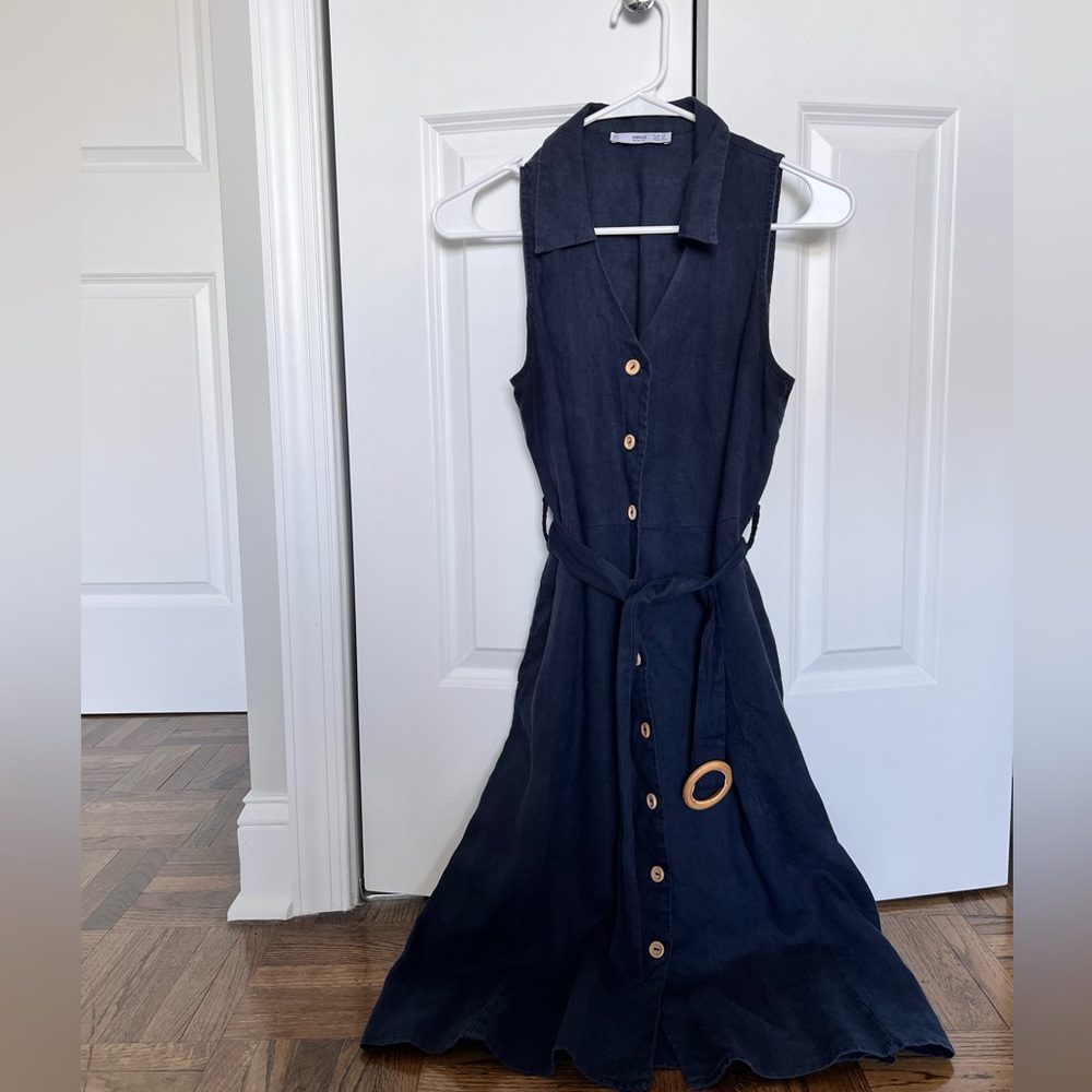 Mango Navy Midi Dress with Button Detail